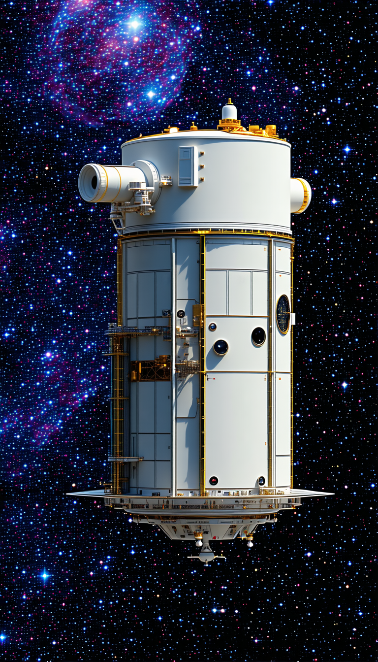 A Large White Satellite With A Dome-shaped Structure, Sitting In The Middle Of A Dark Space