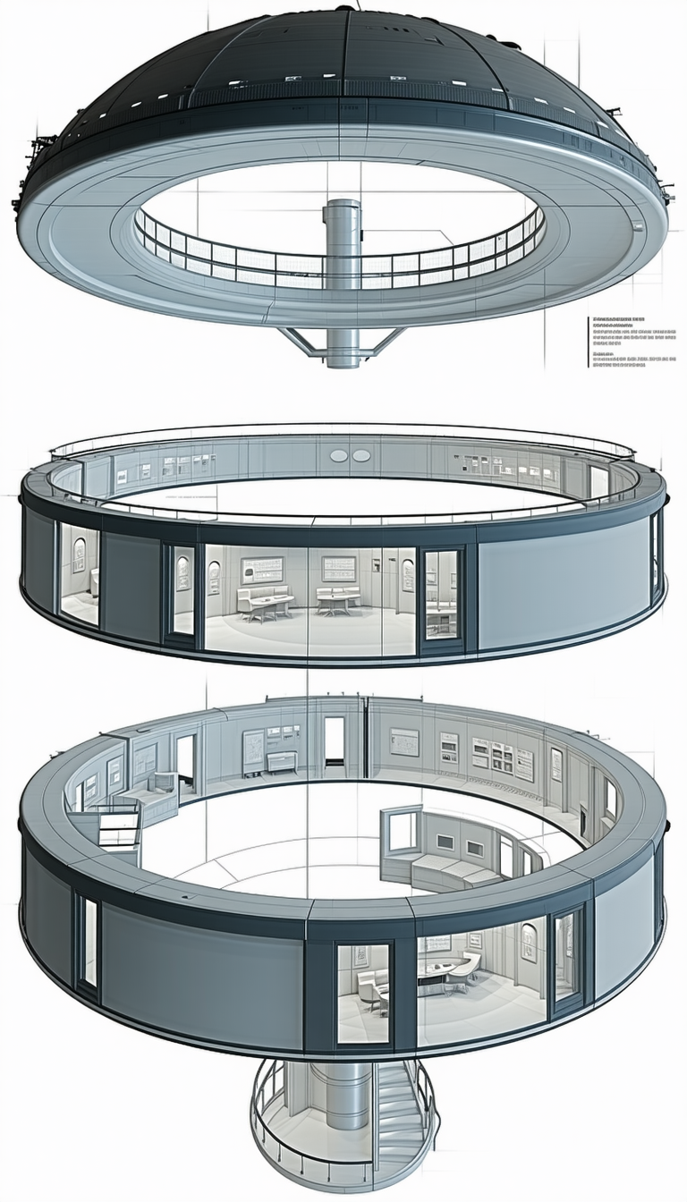 The Image Is A Drawing Of A Large, Circular Building With A Dome-shaped Roof