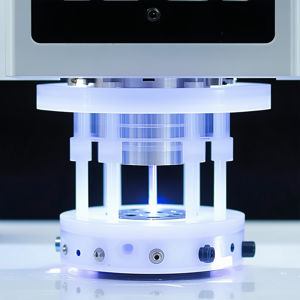 A White And Blue Object, Possibly A Piece Of Machinery Or A Device, Sitting On A White Surface