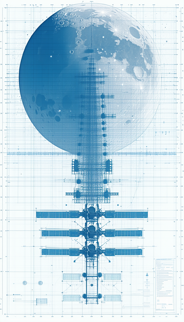 A Space Station Is Shown In A Blue And White Drawing