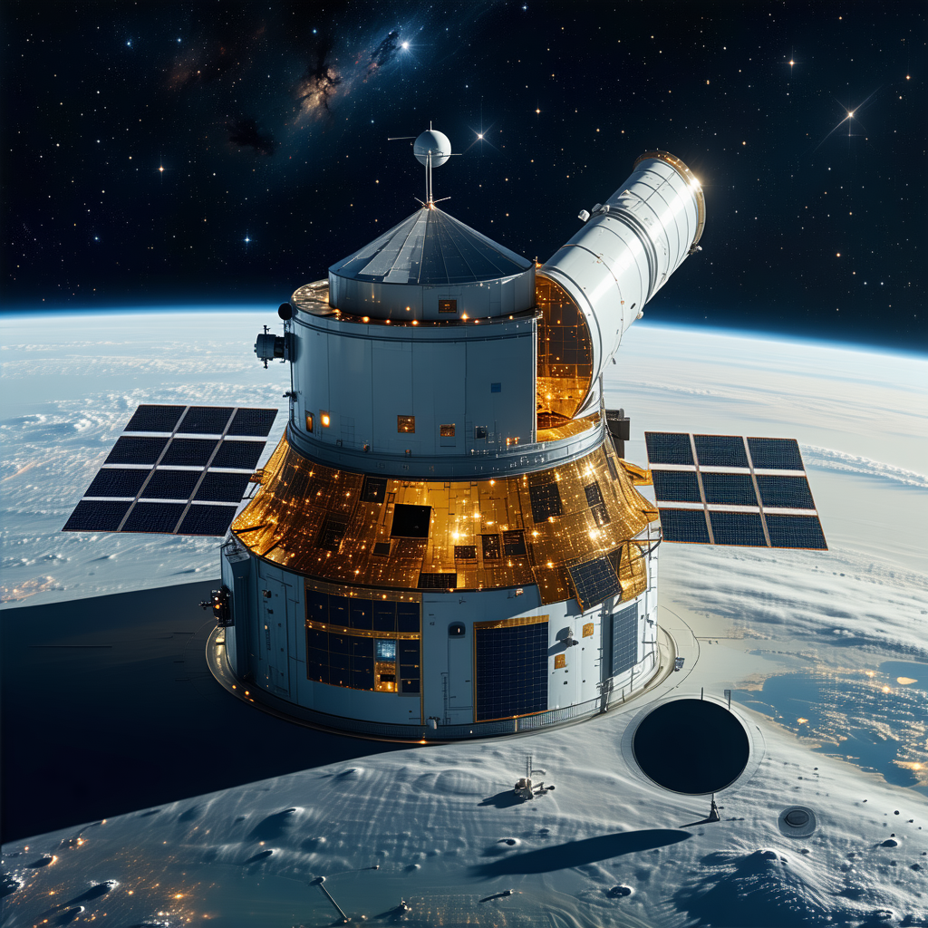A Space Station With A Large Dome On Top, Floating In The Sky
