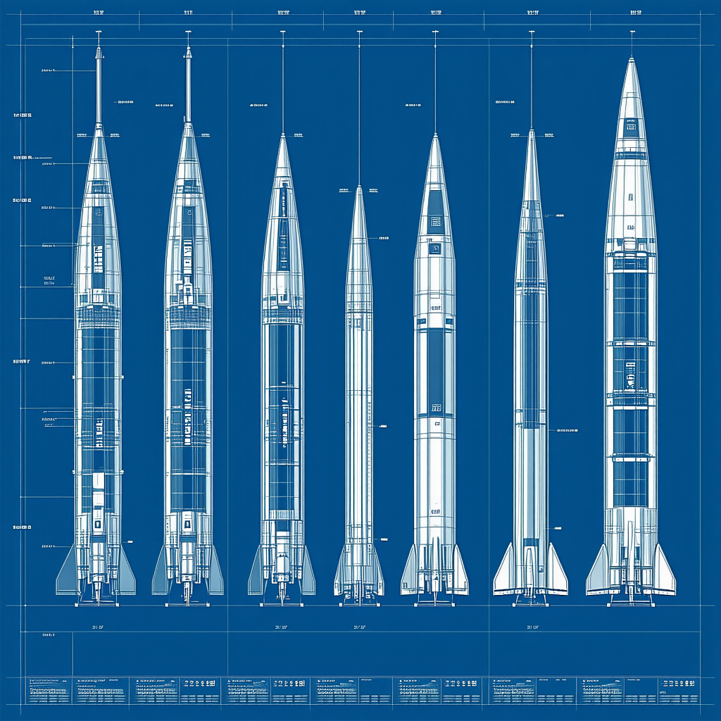 The Image Is A Blueprint Of A Rocket, Showing The Different Stages Of The Rocket's Development