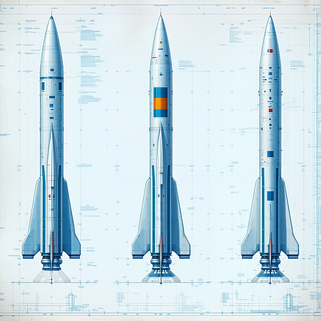 A Blue And White Rocket Is Shown In Three Different Stages Of Its Flight