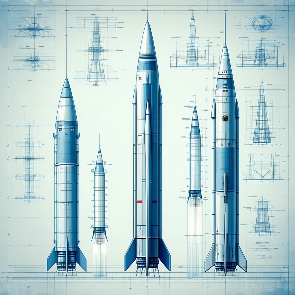 A Blue And White Rocket Ship, Which Is The Main Focus Of The Scene