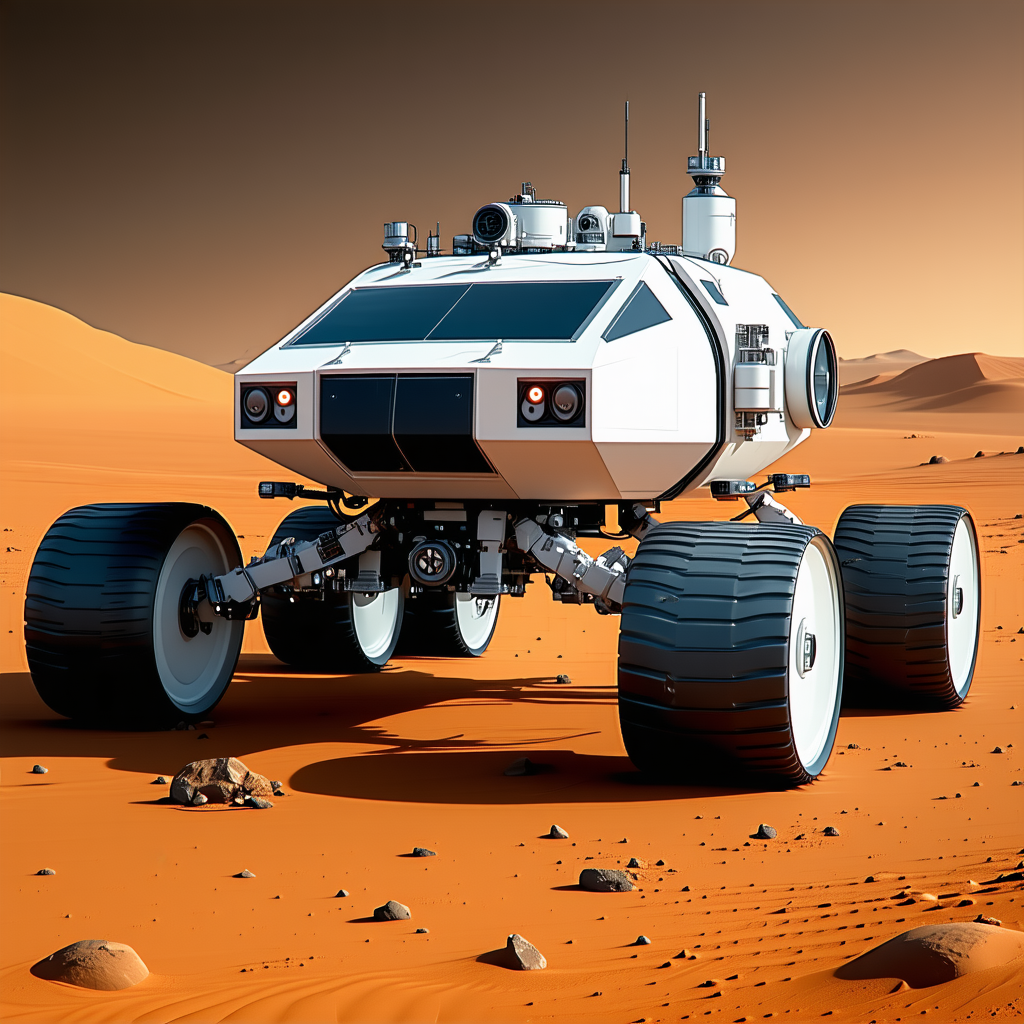 A White Robotic Vehicle Is Driving Across A Red Dirt Surface