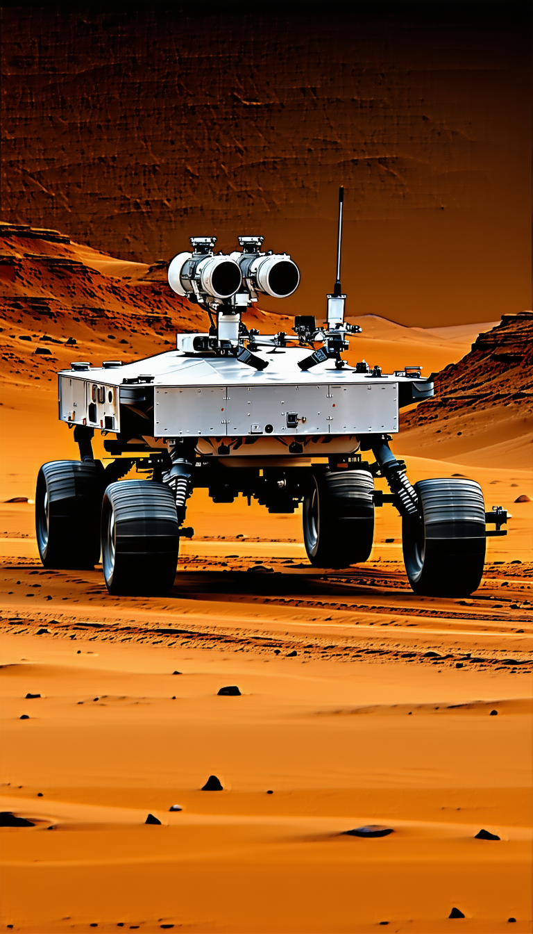 A Large Robotic Vehicle, Possibly A Tank, Driving Across A Desert-like Terrain