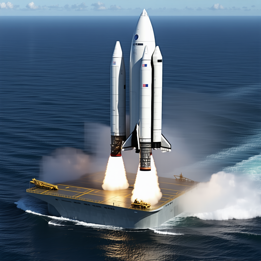 A Large White Rocket Ship Is Being Launched From A Large Ship In The Ocean