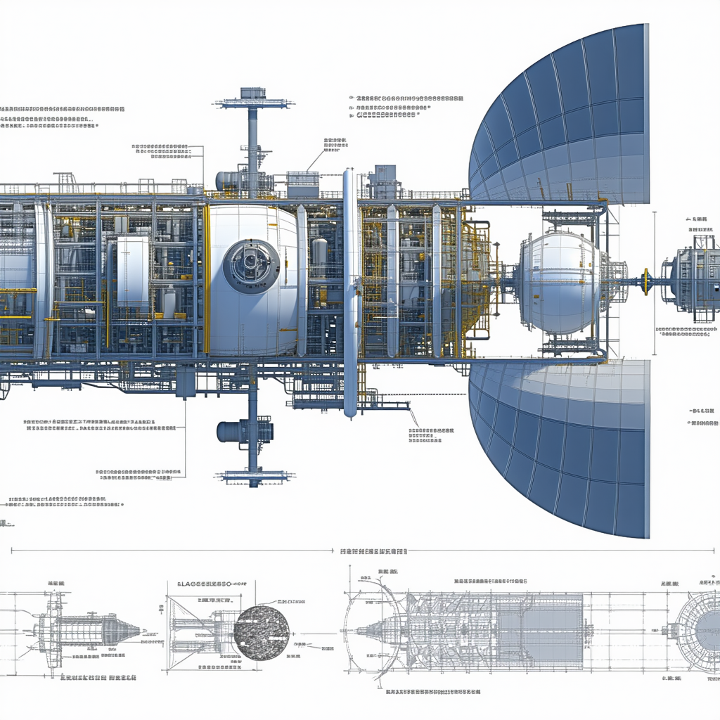 A Large, Detailed Drawing Of A Spacecraft Is Displayed In A Blue And White Color Scheme