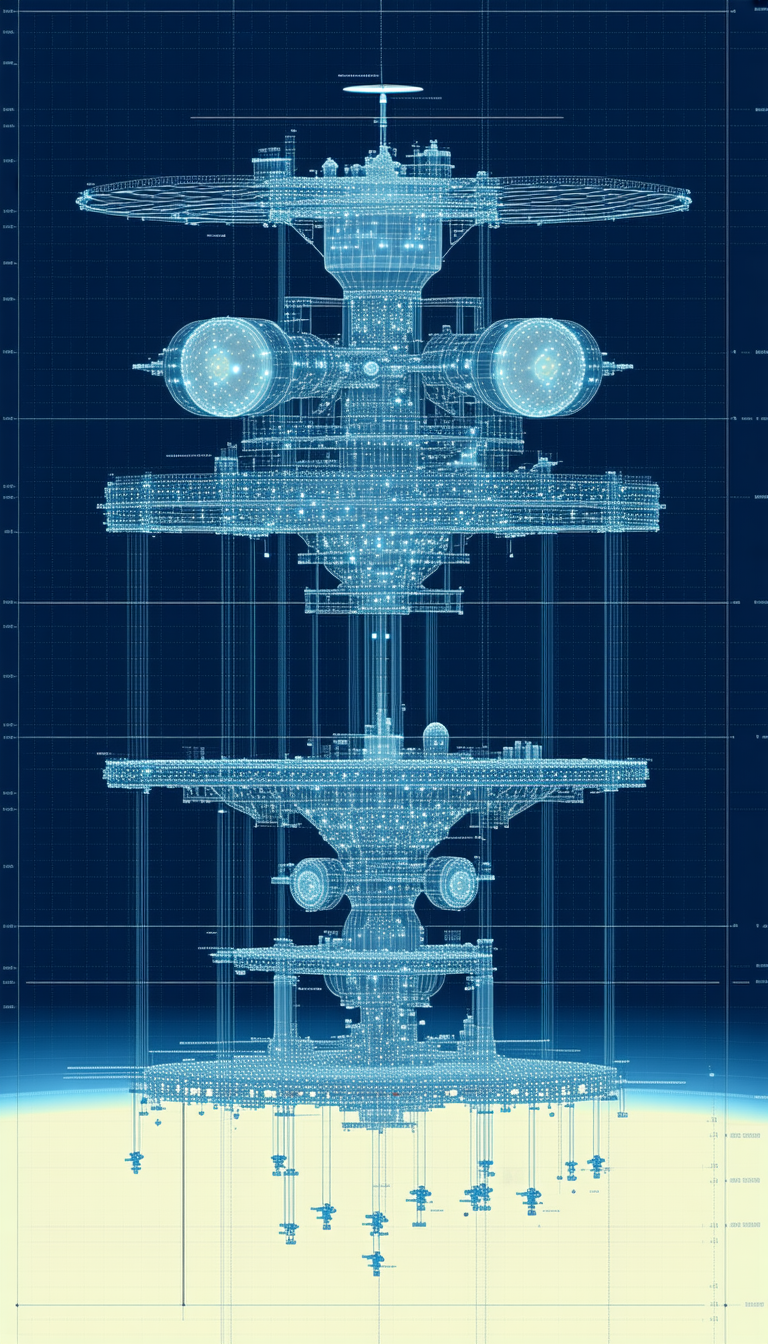 A Blue And White Drawing Of A Space Station Is Displayed