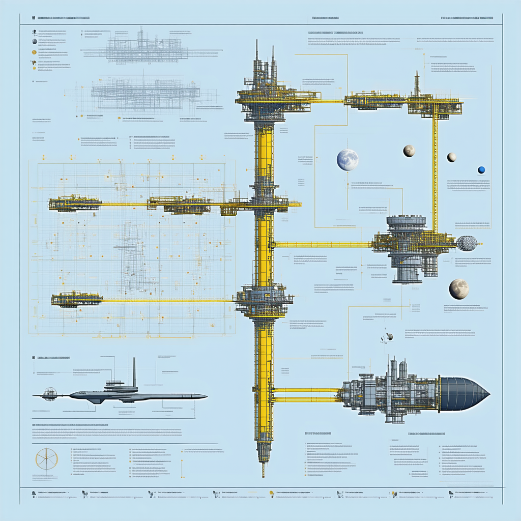 A Large, Detailed Drawing Of A Space Station Is Displayed On A Blue Background