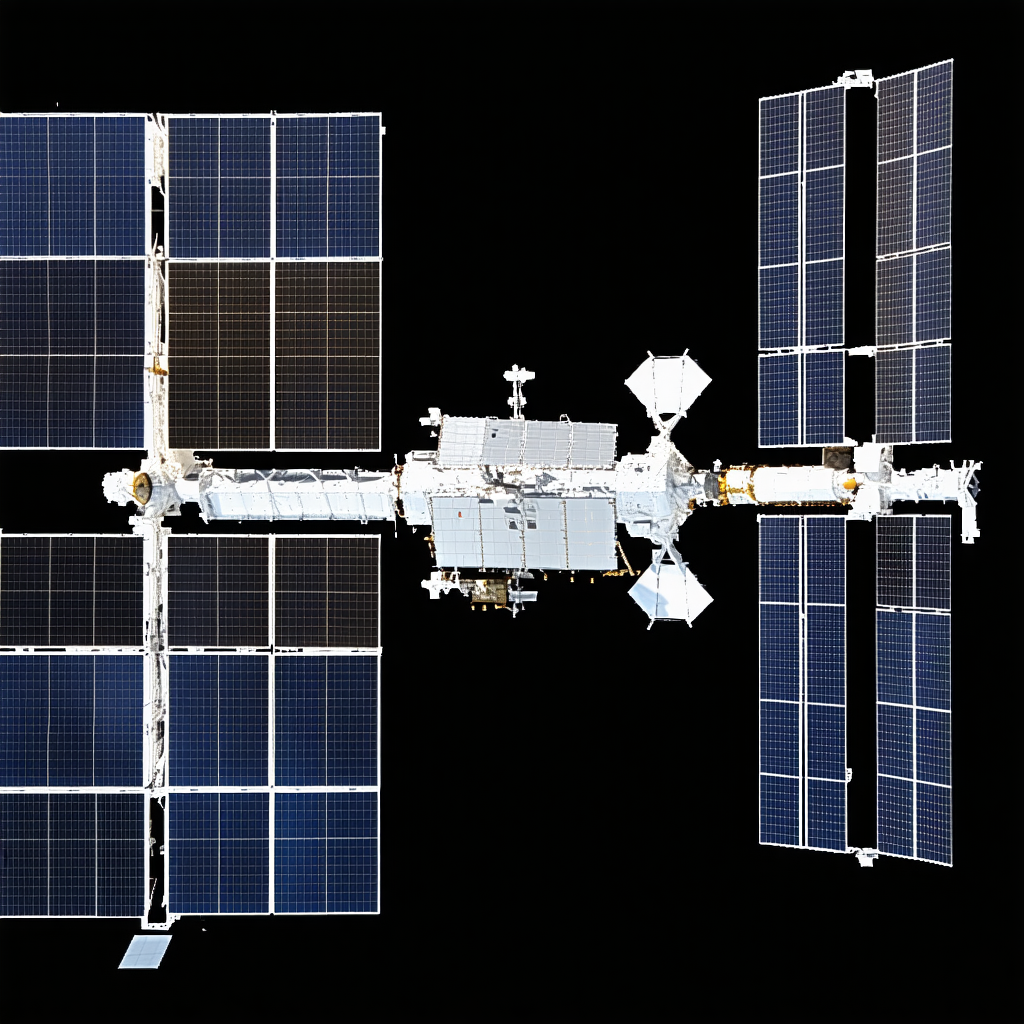 A Large Spacecraft With A White And Blue Color Scheme