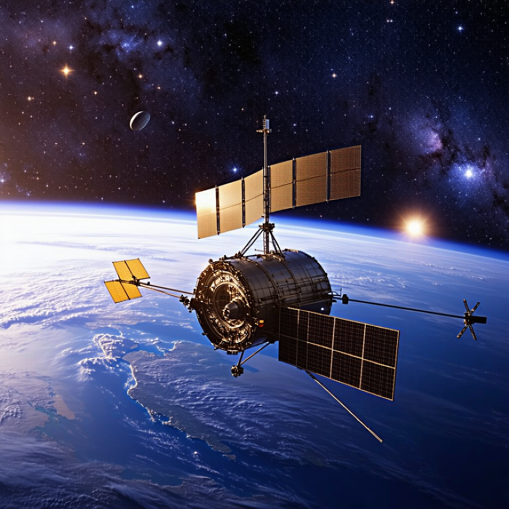 A Spacecraft With A Large Satellite Dish On Top, Flying Over A Beautiful Blue Planet