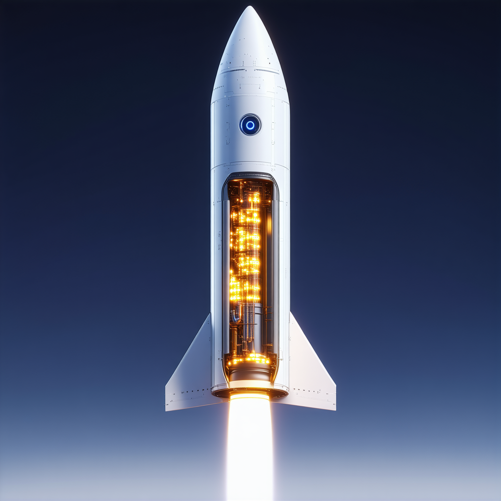 A Rocket Is Shown In A Close-up Shot, With Its Engine Lit Up