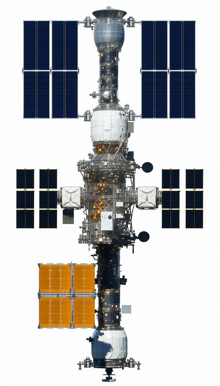 A Large Space Station Is Shown In A White Background
