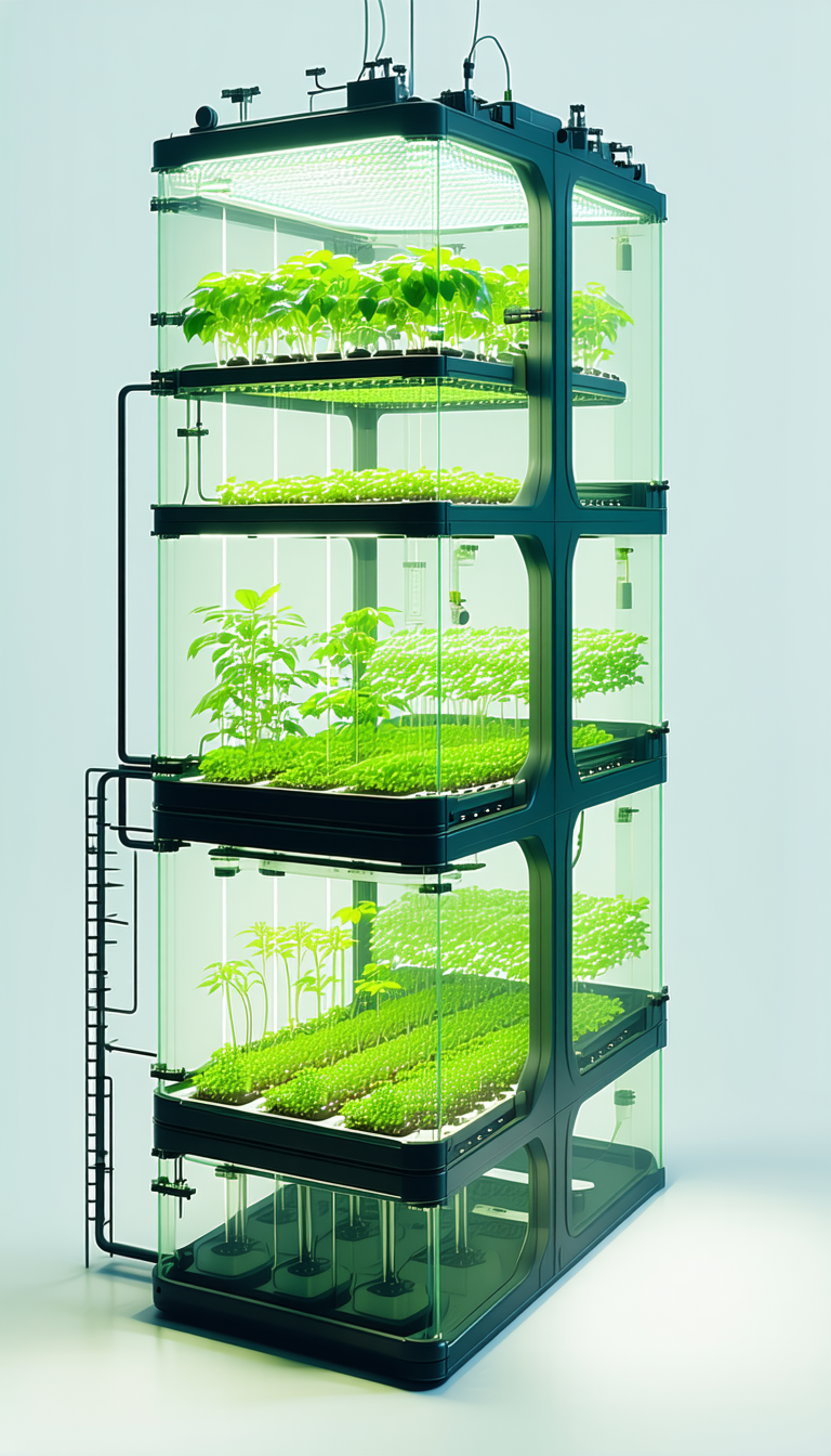A Large, Multi-tiered Plant Growing System, Filled With Various Plants