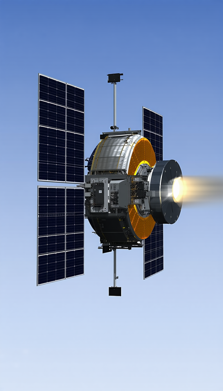 A Spacecraft Is Shown In A Close-up View, With Its Solar Panels And Other Components Clearly Visible