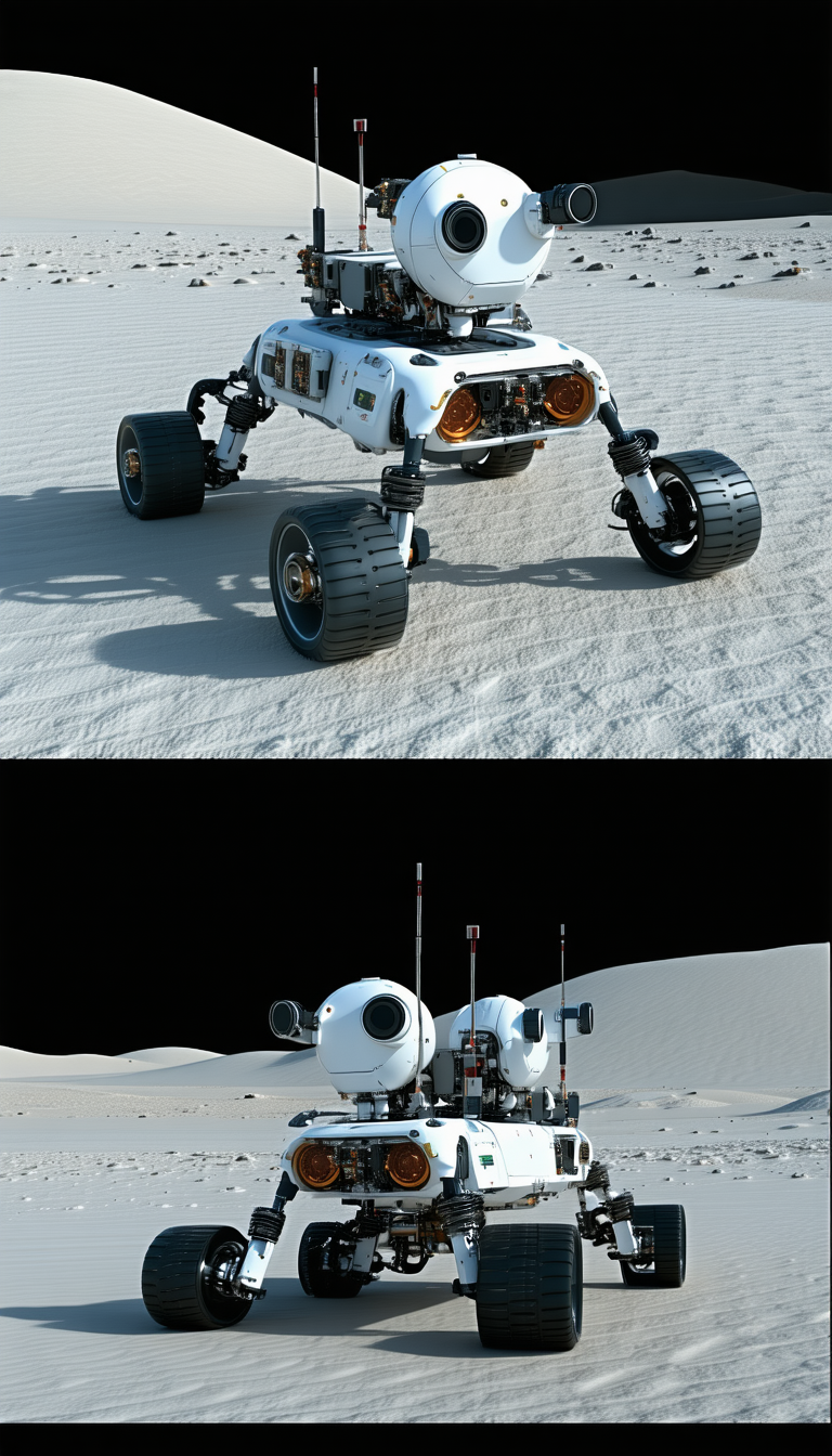 A White Robotic Vehicle With A Large Dome On Top, Driving Across A Sandy Terrain