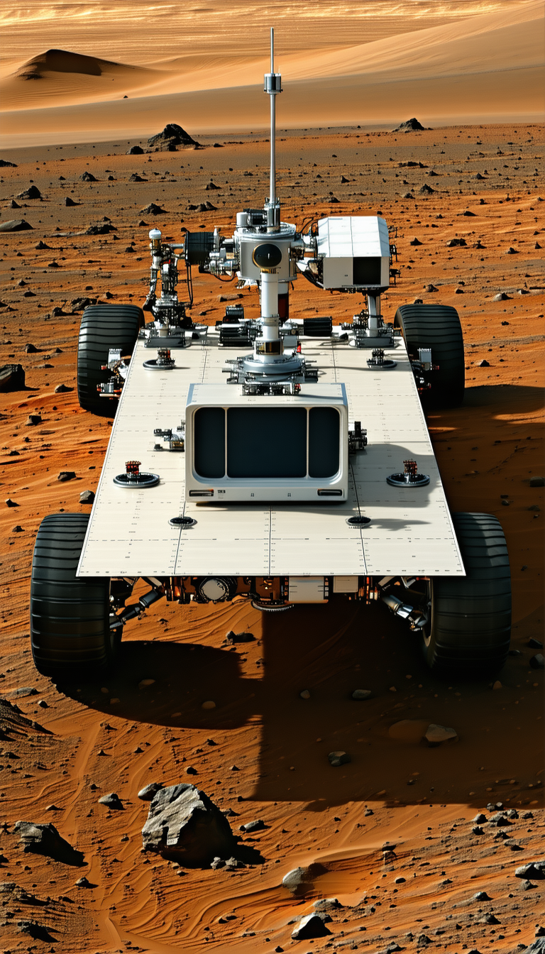 A White And Grey Vehicle Is Parked On A Red Dirt Surface