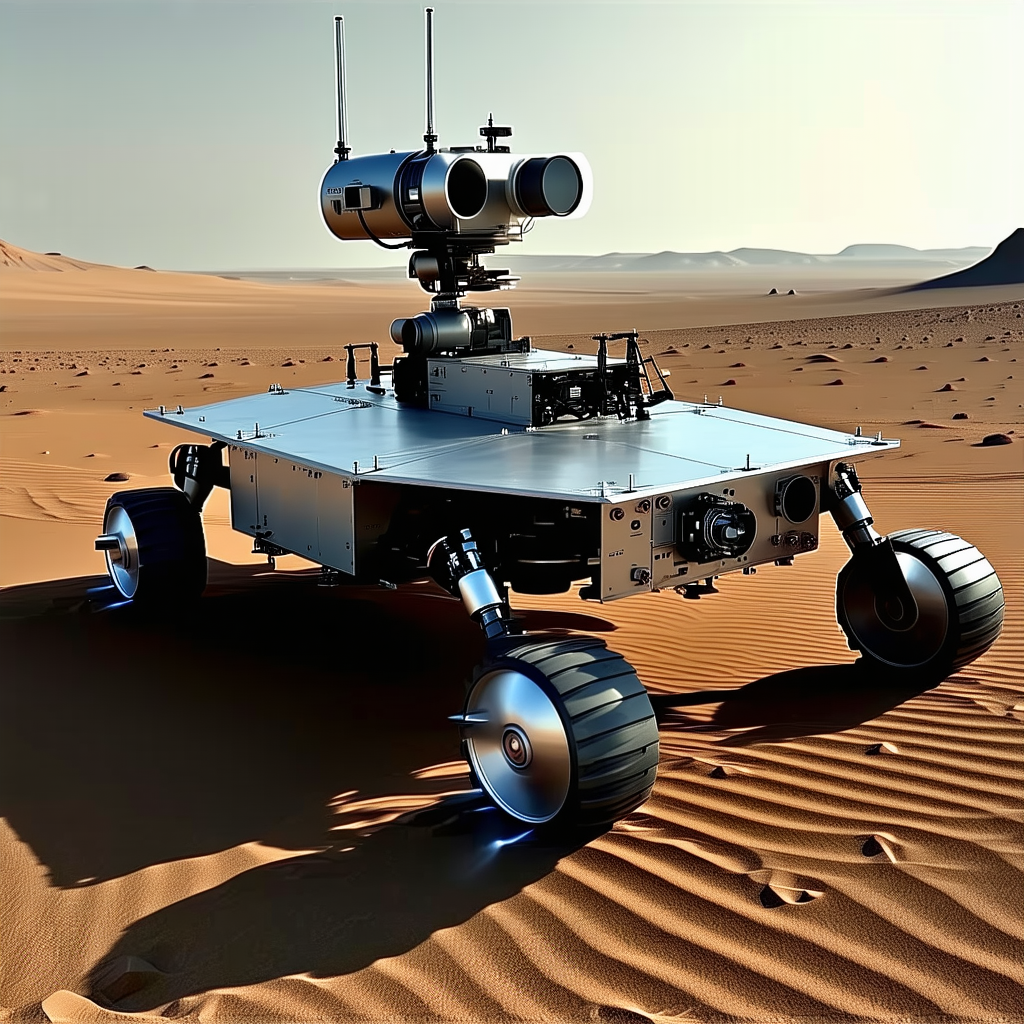 A Large Robotic Vehicle With Four Wheels, Sitting In A Desert-like Environment