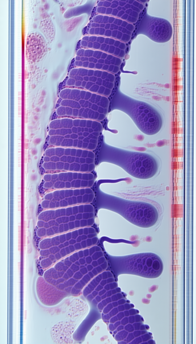 A Purple, Pink, And Red Tissue Sample, Possibly A Piece Of A Spine, Placed In A Glass Container