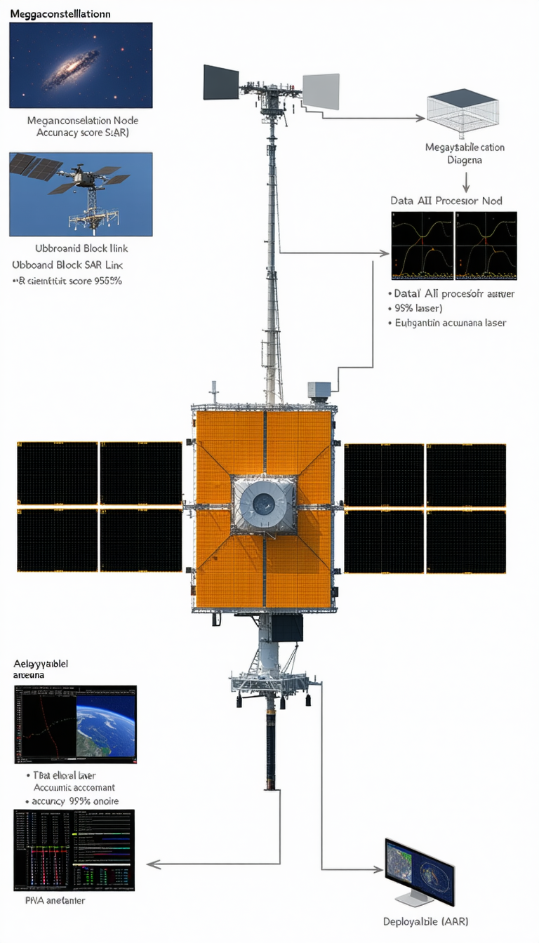 The Image Is A Diagram Of A Spacecraft, Specifically A Satellite, With Various Parts Labeled