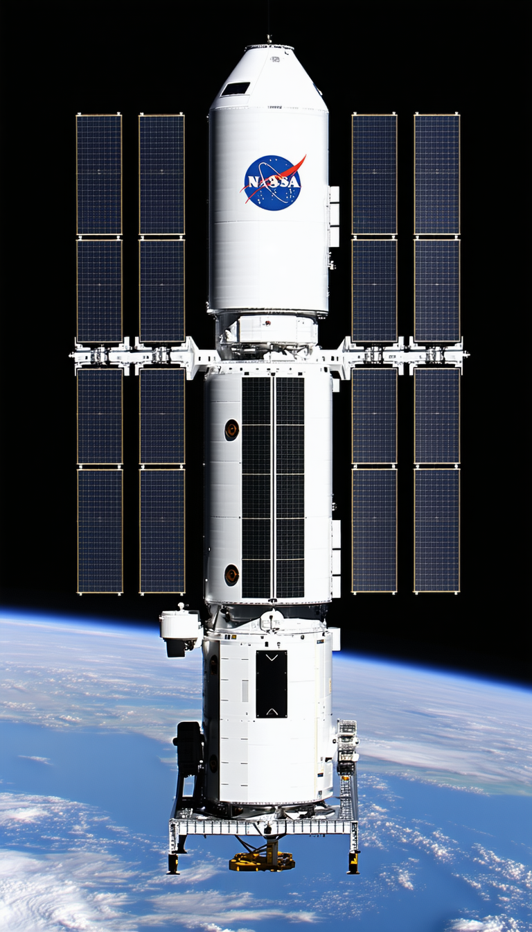 A Large White Space Station With A Blue Logo On Its Side
