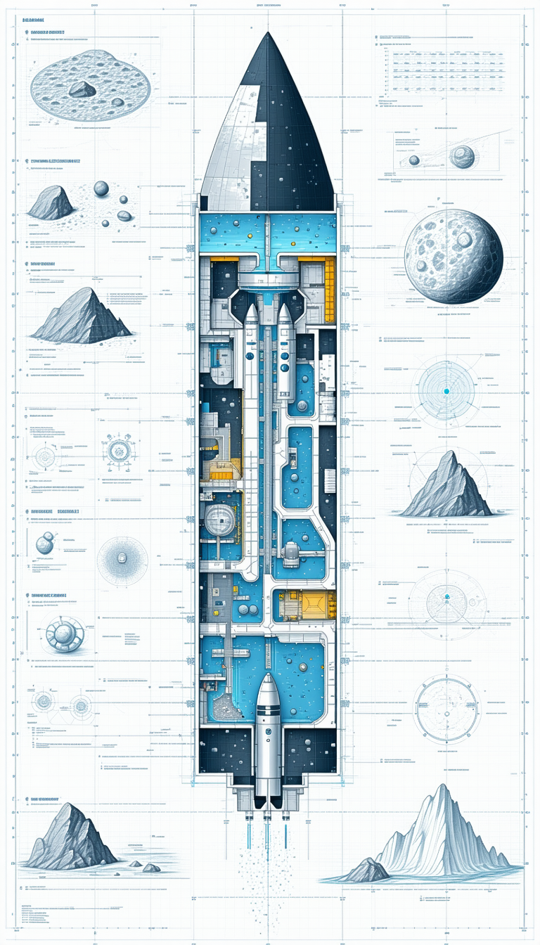 A Blue And White Space Ship Is Shown In A Blue And White Drawing