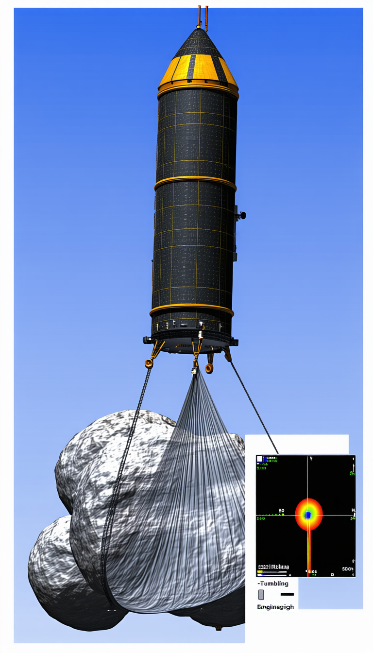 A Large, Black, And Yellow Structure Is Suspended From A Wire, With A Rock Below It