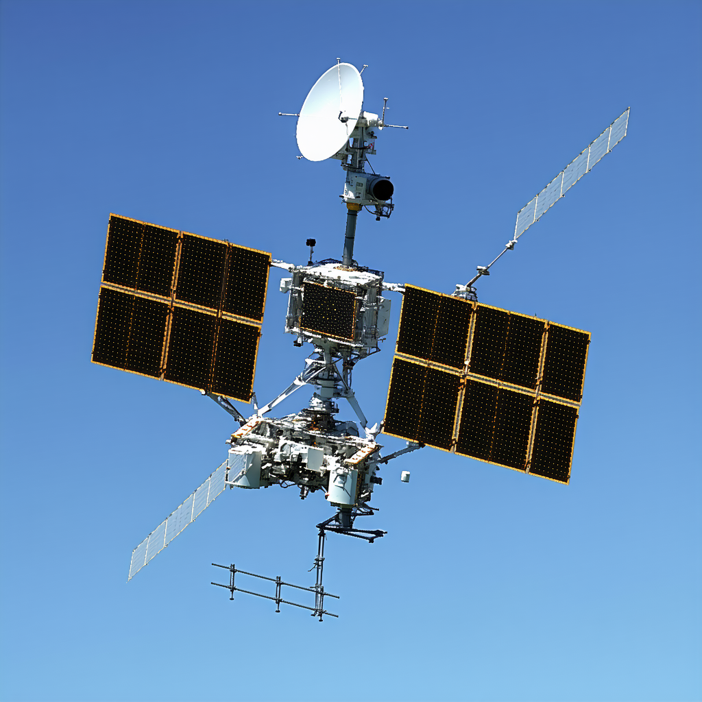 A Satellite Is Flying In The Sky, With Its Antennae Extended