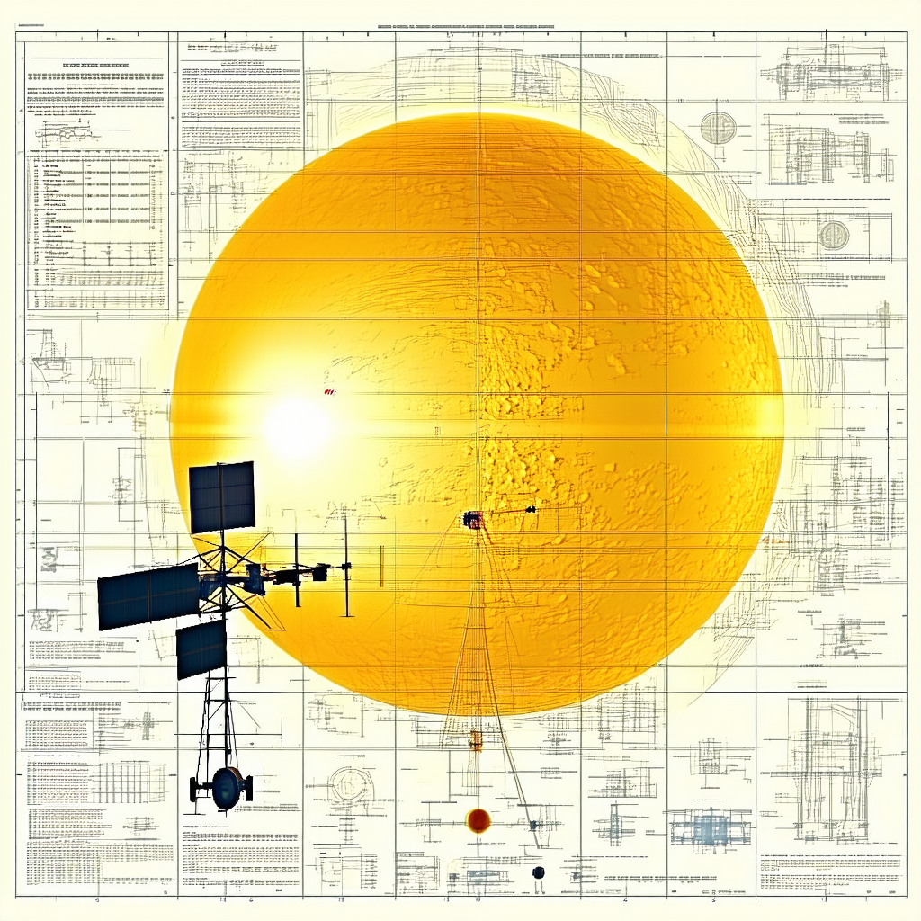 The Image Is A Drawing Of A Space Station, With A Large Yellow Sun In The Center