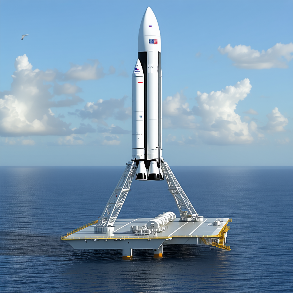 A Large Rocket Ship Floating On Top Of A Platform In The Ocean