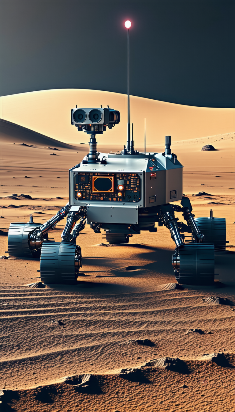 A Robot Is Standing On A Dirt Surface, With Its Wheels Visible