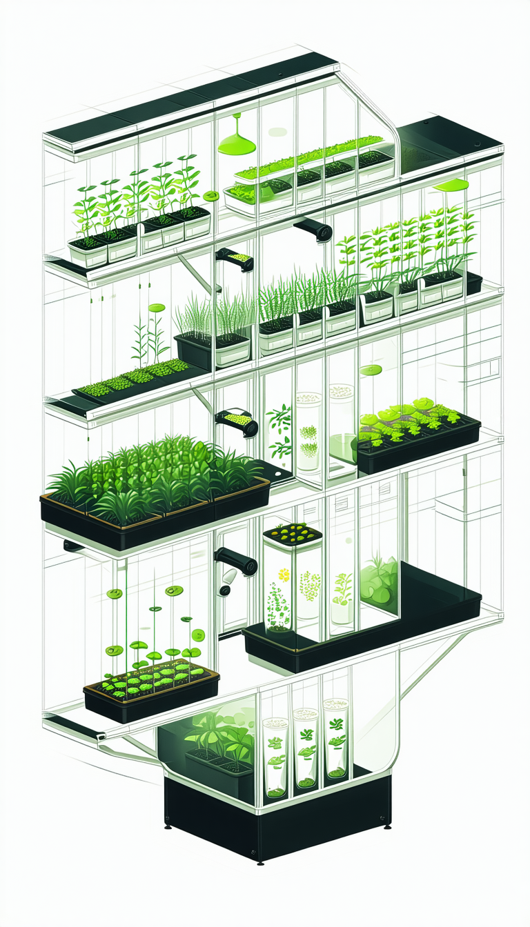The Image Is A Detailed Drawing Of A Multi-level Greenhouse Filled With Various Plants
