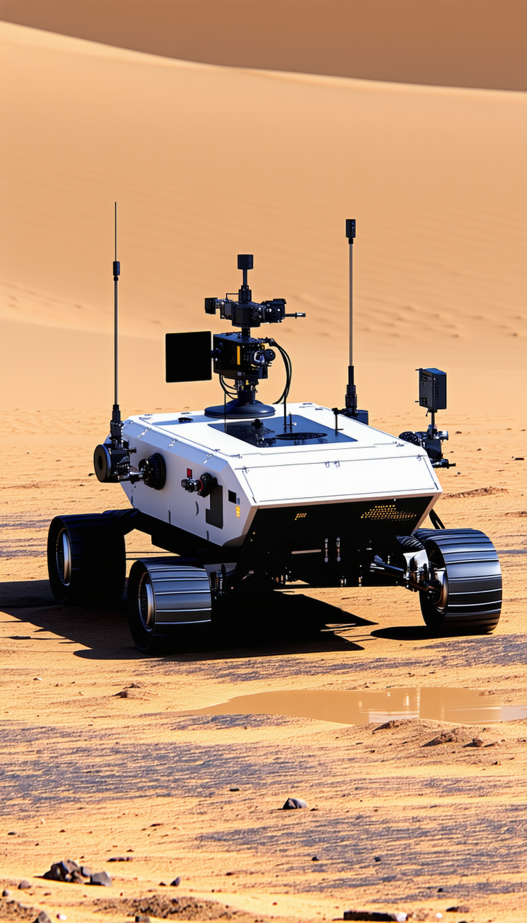 A White Robotic Vehicle With A Large Camera On Top Of It