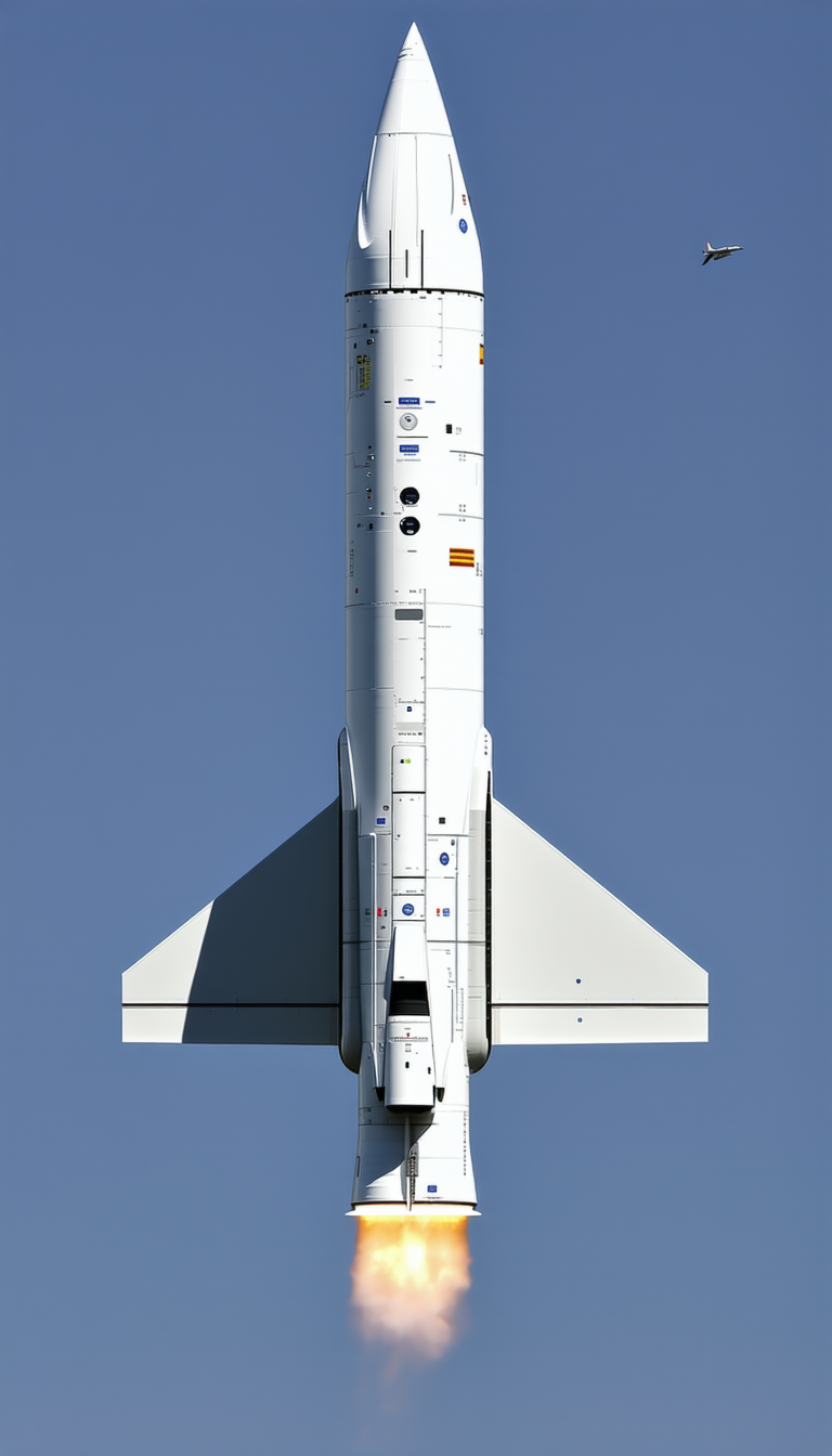 A White Rocket Is Flying Through The Sky, With A Blue Background