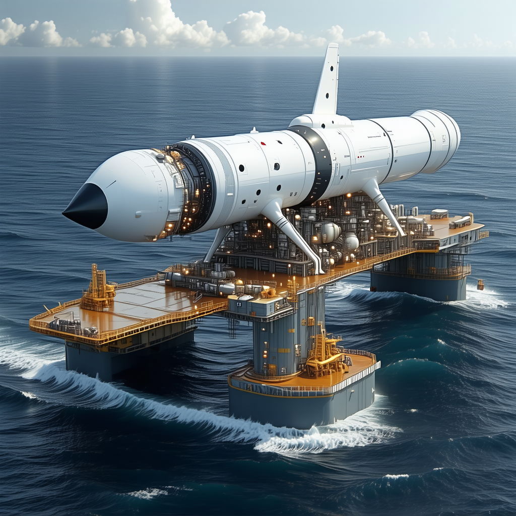 A Large White Space Shuttle Is Floating On Top Of A Large Yellow Platform In The Ocean