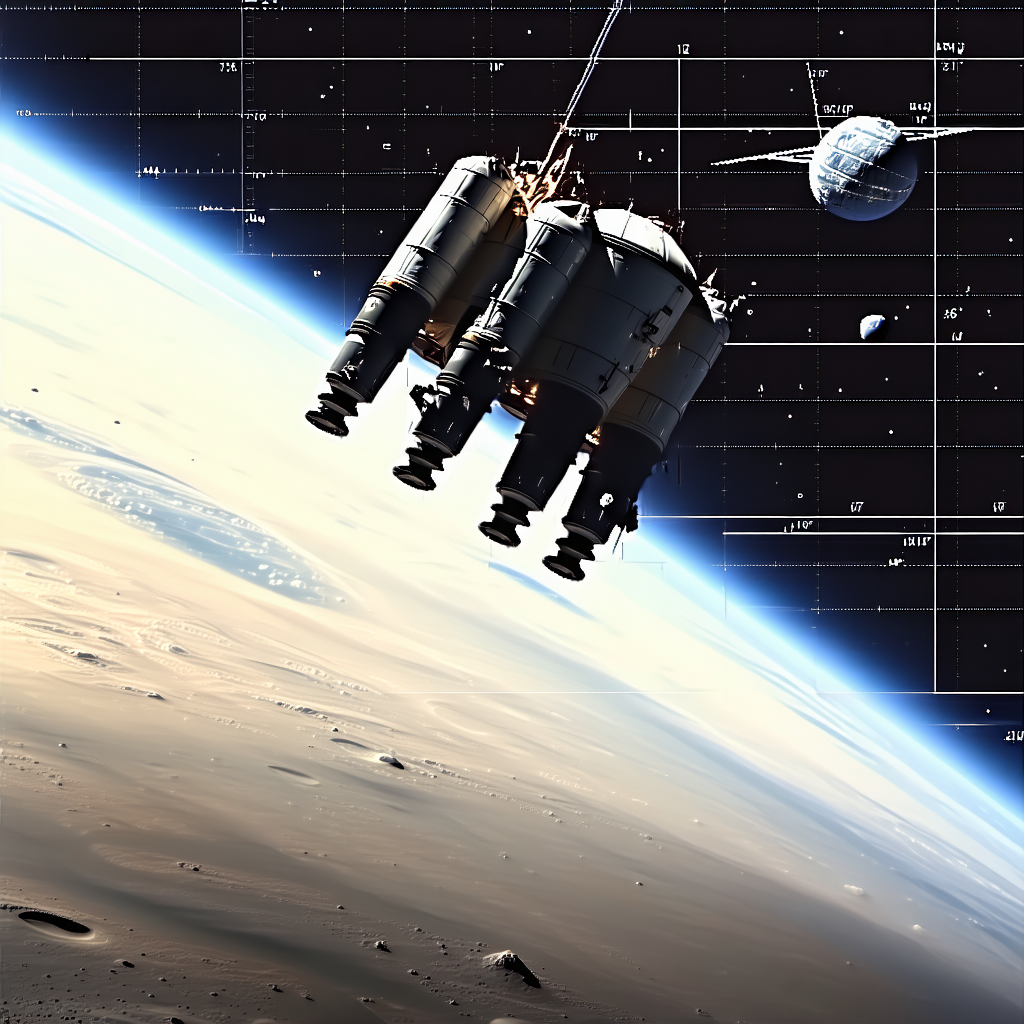 A Spacecraft Flying Through The Air, With A Large Satellite Attached To The Bottom Of It