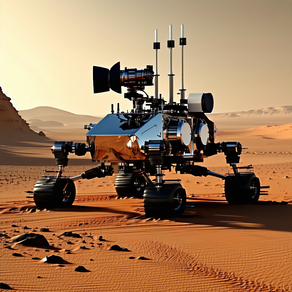 A Large Robotic Vehicle With A Camera On Its Front, Driving Across A Sandy Terrain