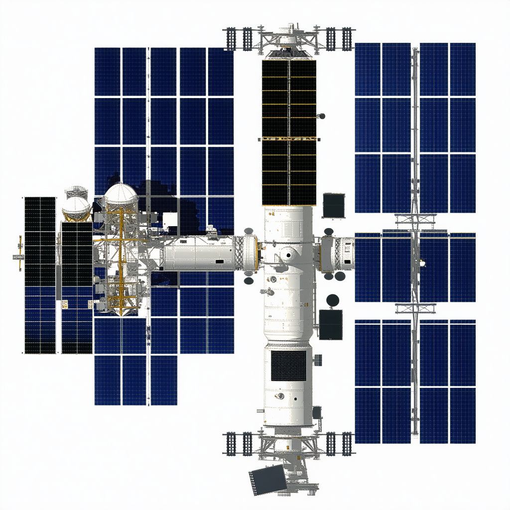 A Large Spacecraft Is Shown In A White And Blue Color Scheme
