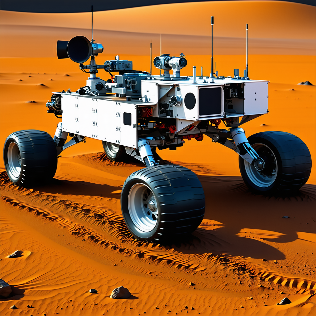 A White Robotic Vehicle, Possibly A Tank Or A Rover, Driving Across A Sandy Terrain