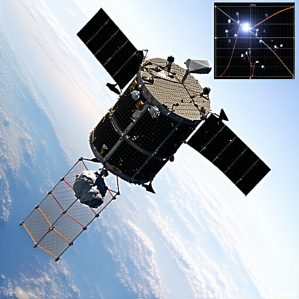 A Spacecraft Flying High In The Sky, With A Large Satellite Dish On The Bottom Of The Spacecraft