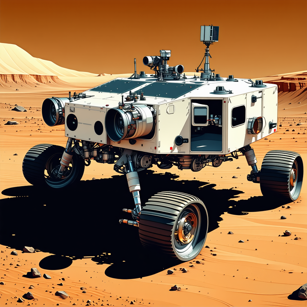 A Large, White, And Black Robotic Vehicle With Four Wheels, Sitting On A Sandy Surface