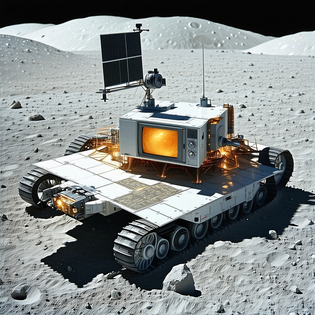 A White Vehicle With A Television On Top Is Parked On A Rocky Surface