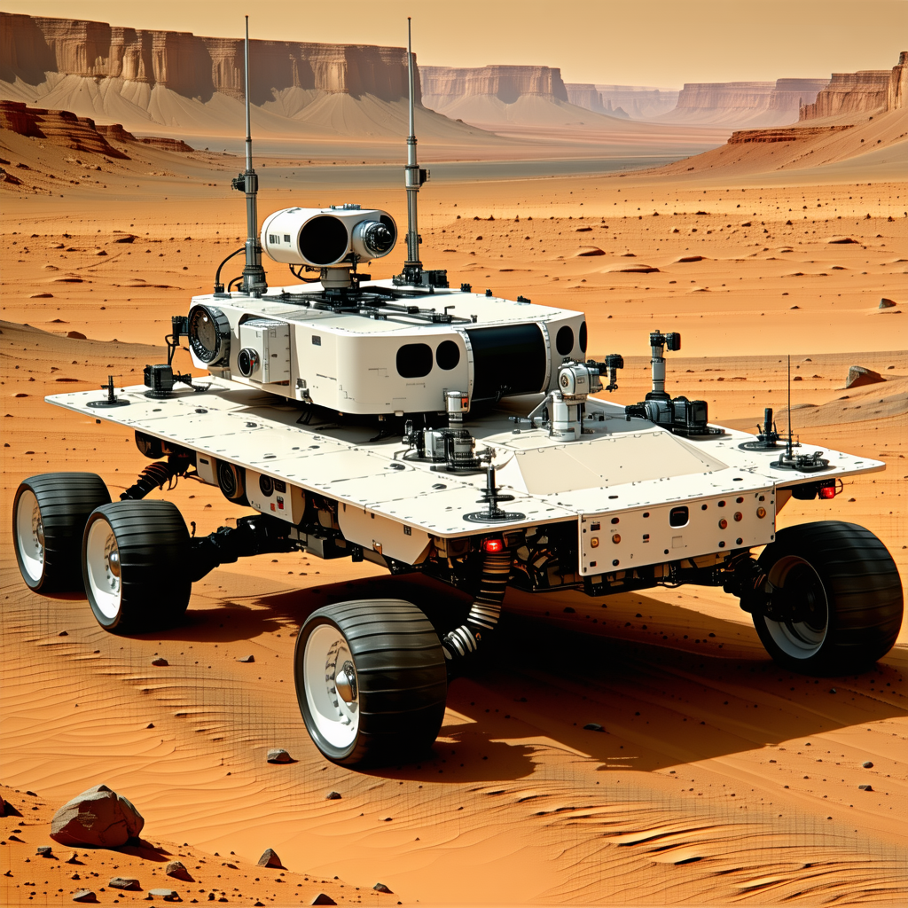 A White Robotic Vehicle With A Large Camera On Its Front, Driving Across A Desert-like Terrain