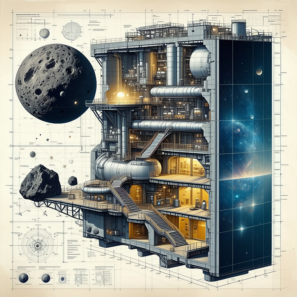 The Image Is A Detailed Drawing Of A Futuristic Building, Which Appears To Be A Space Station