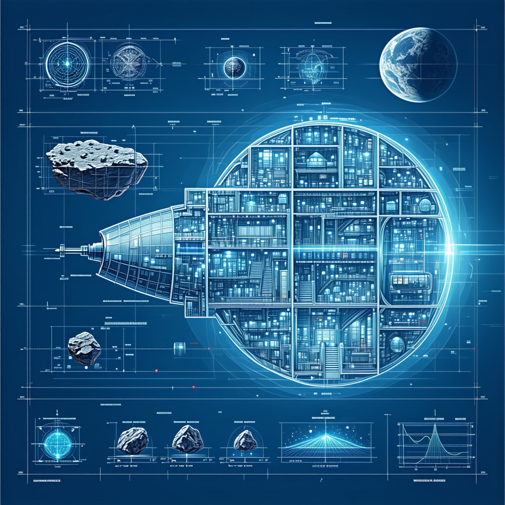 A Futuristic Space Station Is Depicted In A Blue And White Drawing