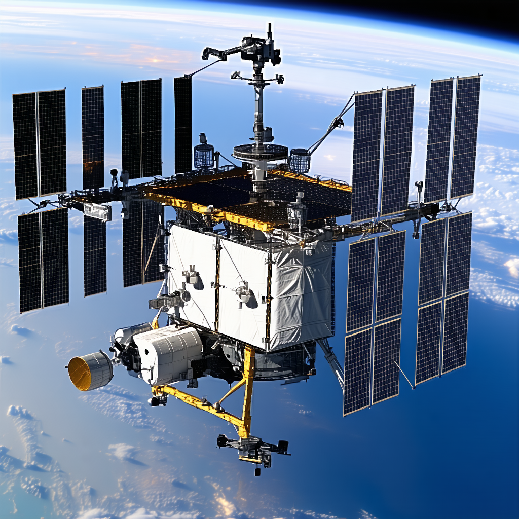 A Space Shuttle With A Large Satellite Dish On Top Of It