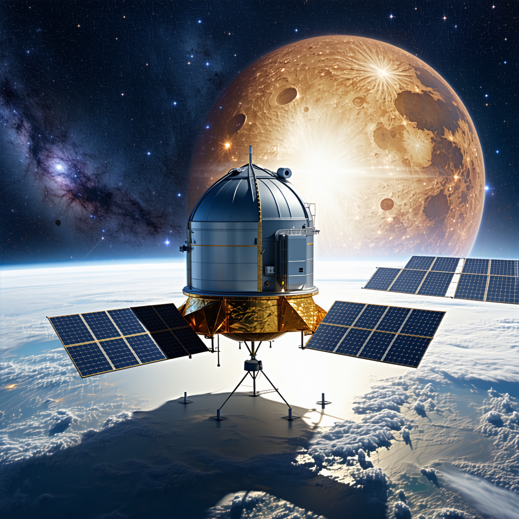A Spacecraft Is Shown In The Image, With A Large Satellite Dish On The Bottom Of The Spacecraft