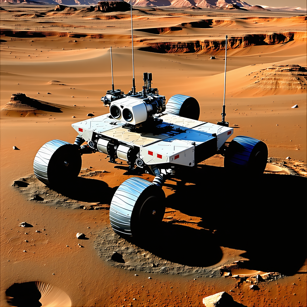 A White Robotic Vehicle With Four Wheels, Driving Across A Desert-like Terrain