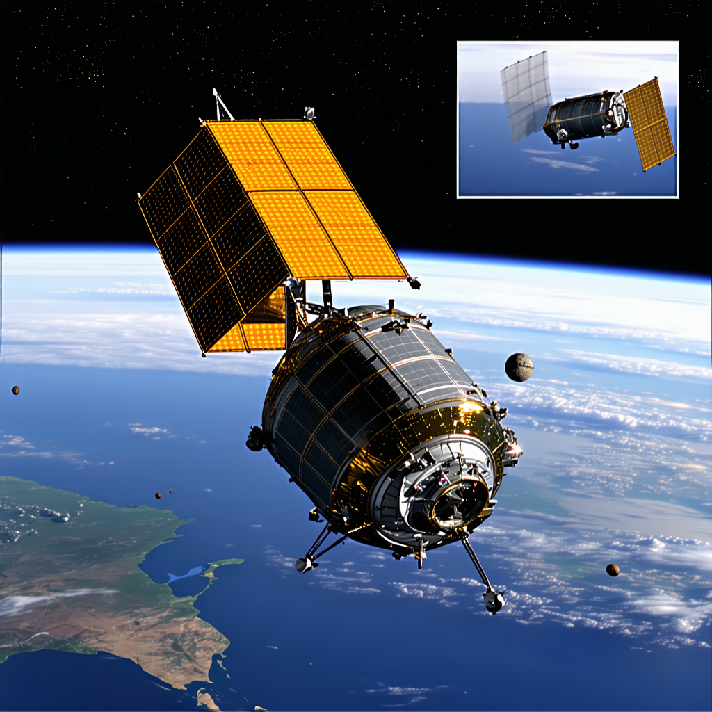 A Spacecraft, Possibly A Satellite Or A Space Shuttle, Flying Over A Blue Planet
